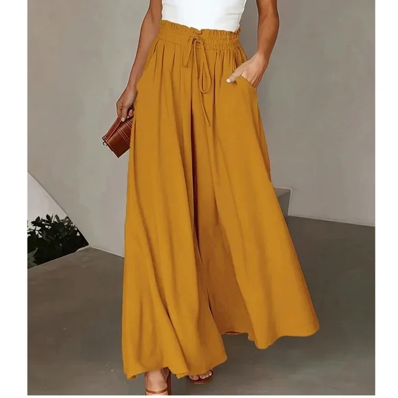Classic Black Paper bag High Waisted Pockets Wide leg pants